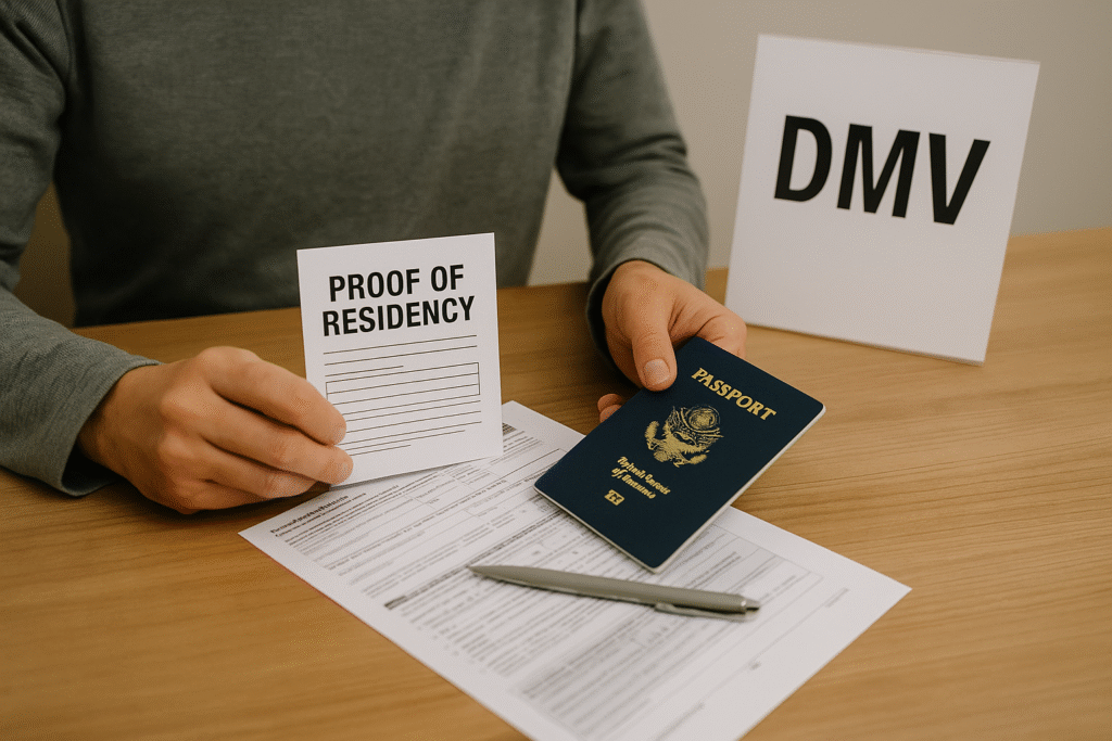 Persona inmigrante preparando documentos requeridos para obtener su licencia de conducir en el DMV en EE.UU.