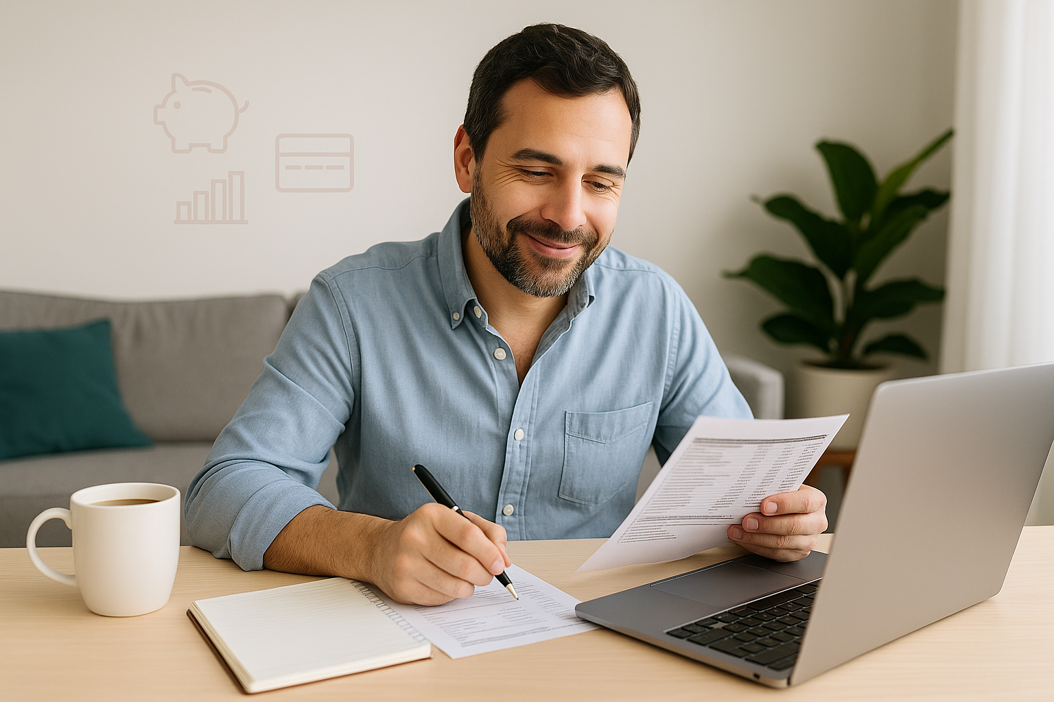 Hombre hispano sonriente revisando sus finanzas con documentos, laptop y café, en un entorno hogareño.