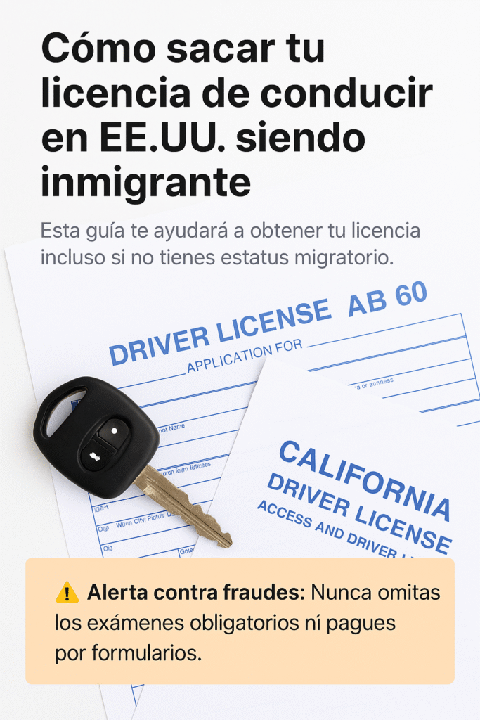Formulario de solicitud de licencia AB-60 junto a una llave de auto y advertencia contra fraudes, dirigido a inmigrantes en EE.UU.