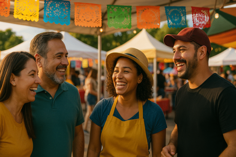Empresarios hispanos sonríen e interactúan durante el Festival Latino de Columbus, rodeados de decoraciones coloridas y un ambiente festivo.