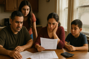 Familia hispana revisa documentos de impuestos en la mesa de su cocina, con expresiones de preocupación y determinación