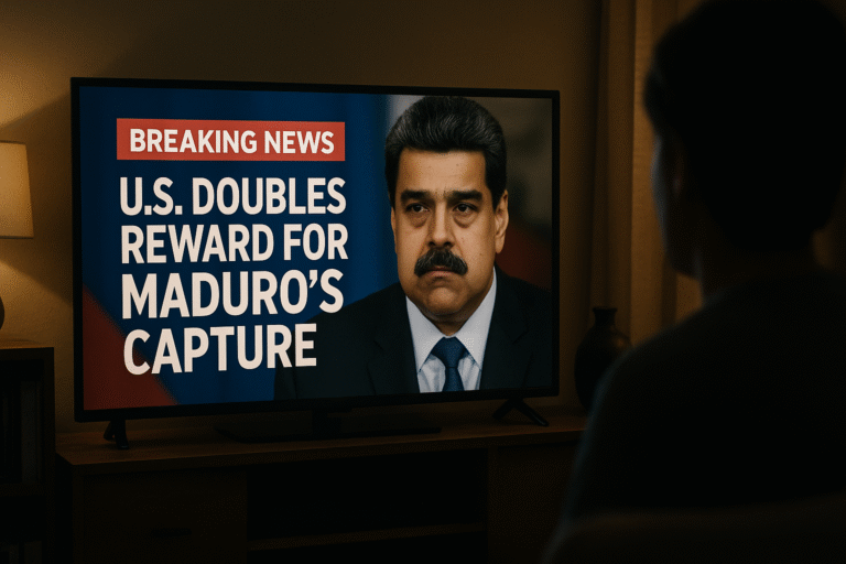 Primer plano de un televisor en un apartamento modesto de EE. UU., transmitiendo una noticia de última hora sobre el aumento de la recompensa por la captura de Nicolás Maduro.