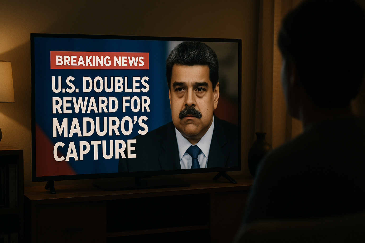 Primer plano de un televisor en un apartamento modesto de EE. UU., transmitiendo una noticia de última hora sobre el aumento de la recompensa por la captura de Nicolás Maduro.