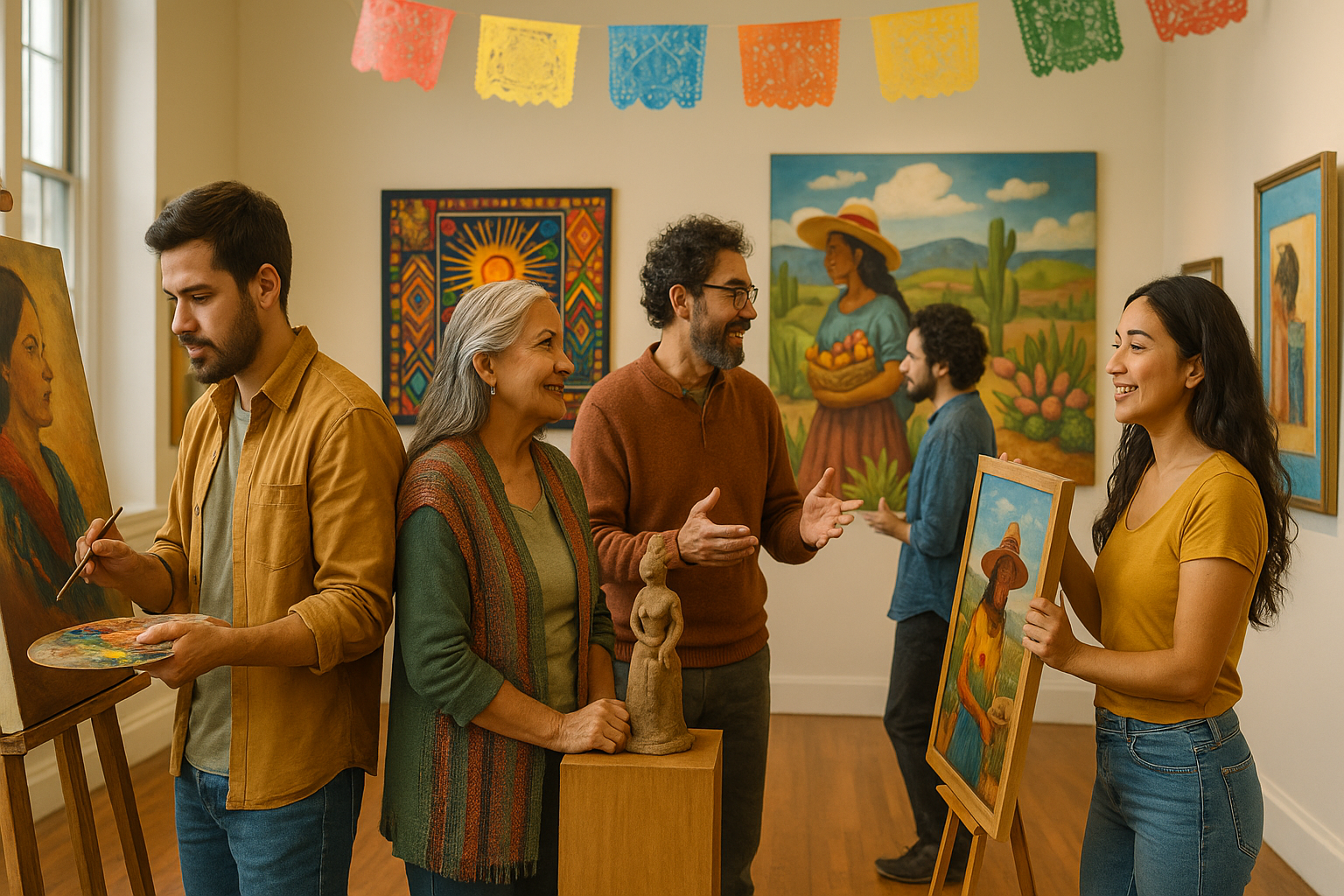 Artistas hispanos preparando sus obras en una galería para la exhibición del Mes de la Herencia Hispana, rodeados de pinturas coloridas y decoración tradicional.