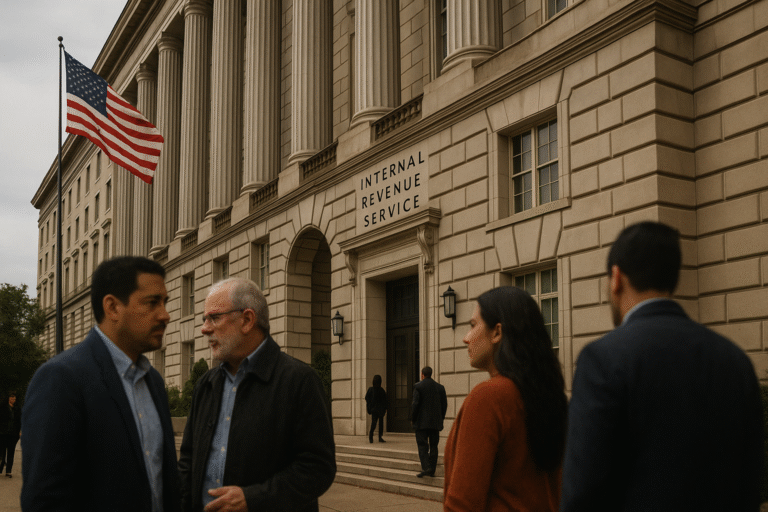 Recreación visual de la Fachada del edificio del Servicio de Rentas Internas (IRS) en Washington D.C., con bandera de Estados Unidos y personas conversando en primer plano.