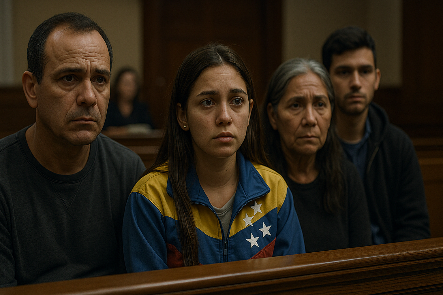 Solicitantes de asilo venezolanos en un tribunal de inmigración en Estados Unidos, con expresiones de ansiedad, esperanza e incertidumbre durante la audiencia.